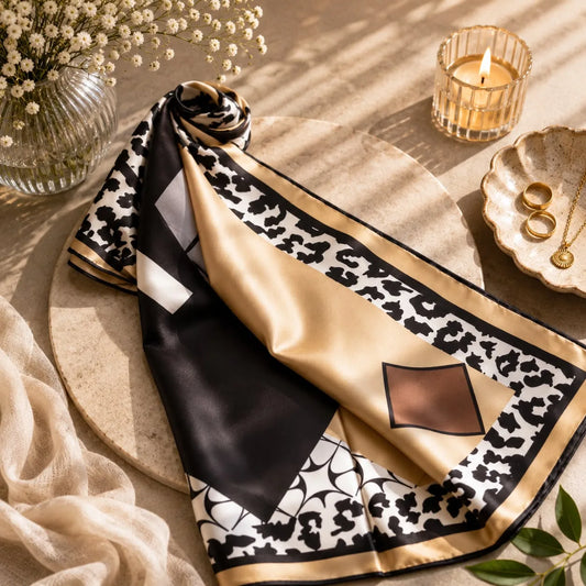 Pañuelo de seda turco con bloques negros y dorados y borde de animal print