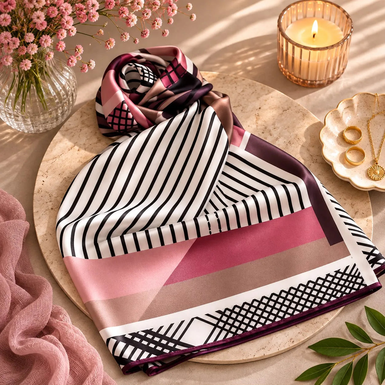 Pañuelo de seda turco con rayas y bloques rosa y burdeos