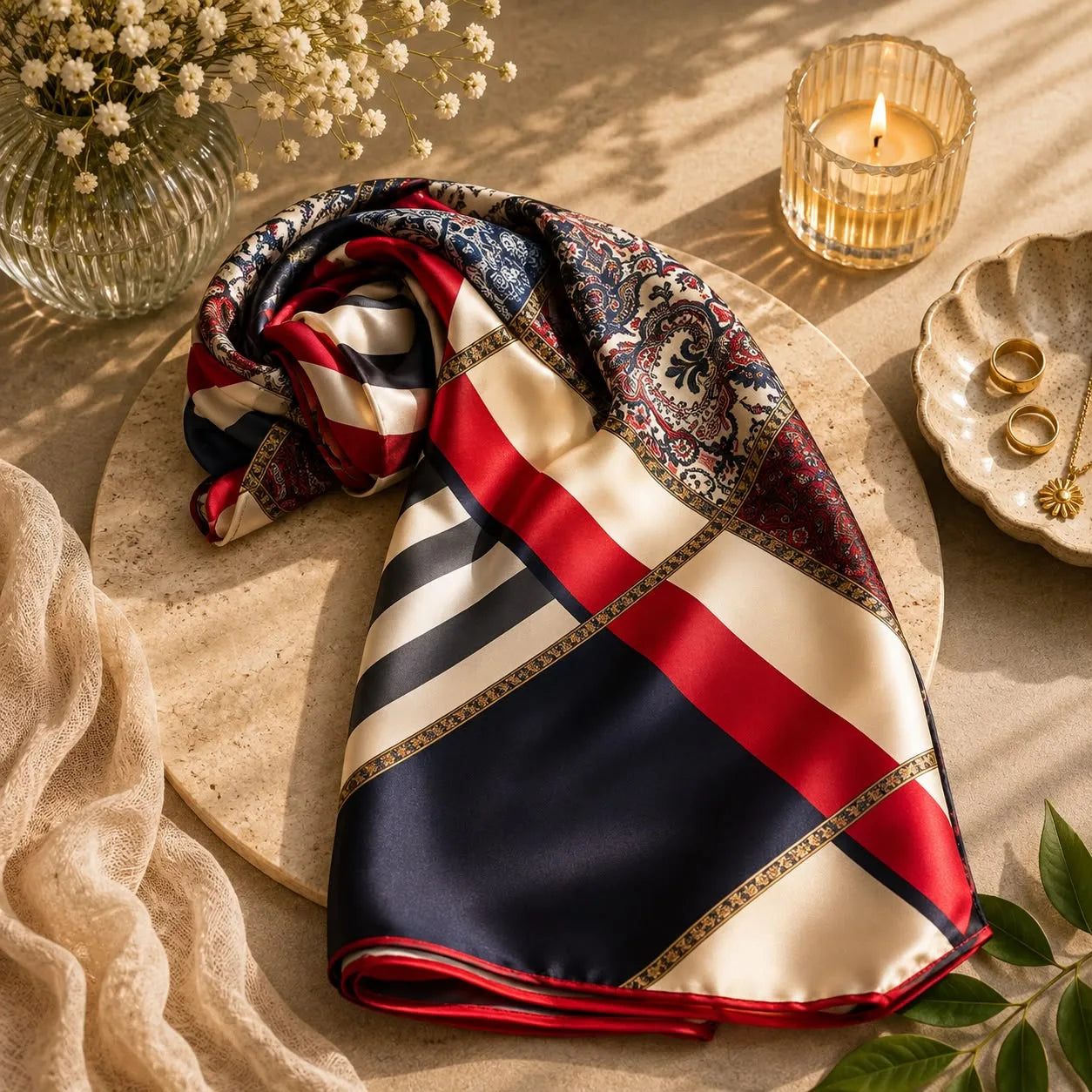 Pañuelo de seda turco con rayas diagonales rojas y borde paisley dorado