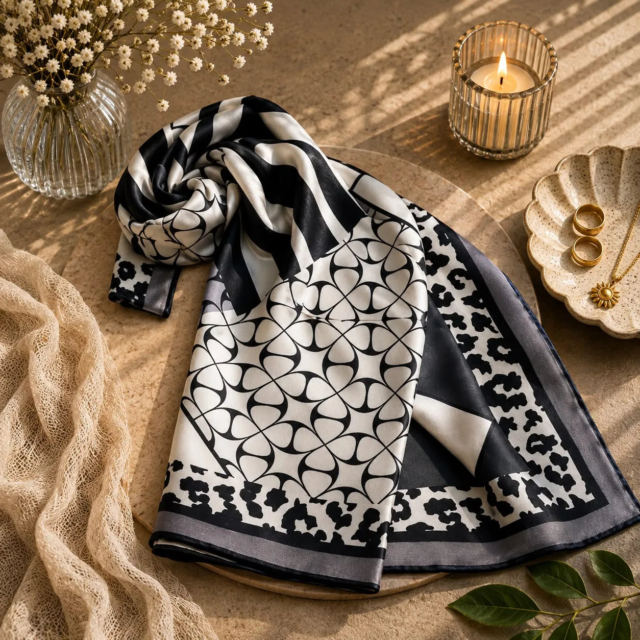 Pañuelo de seda turco con mosaico geométrico blanco y negro