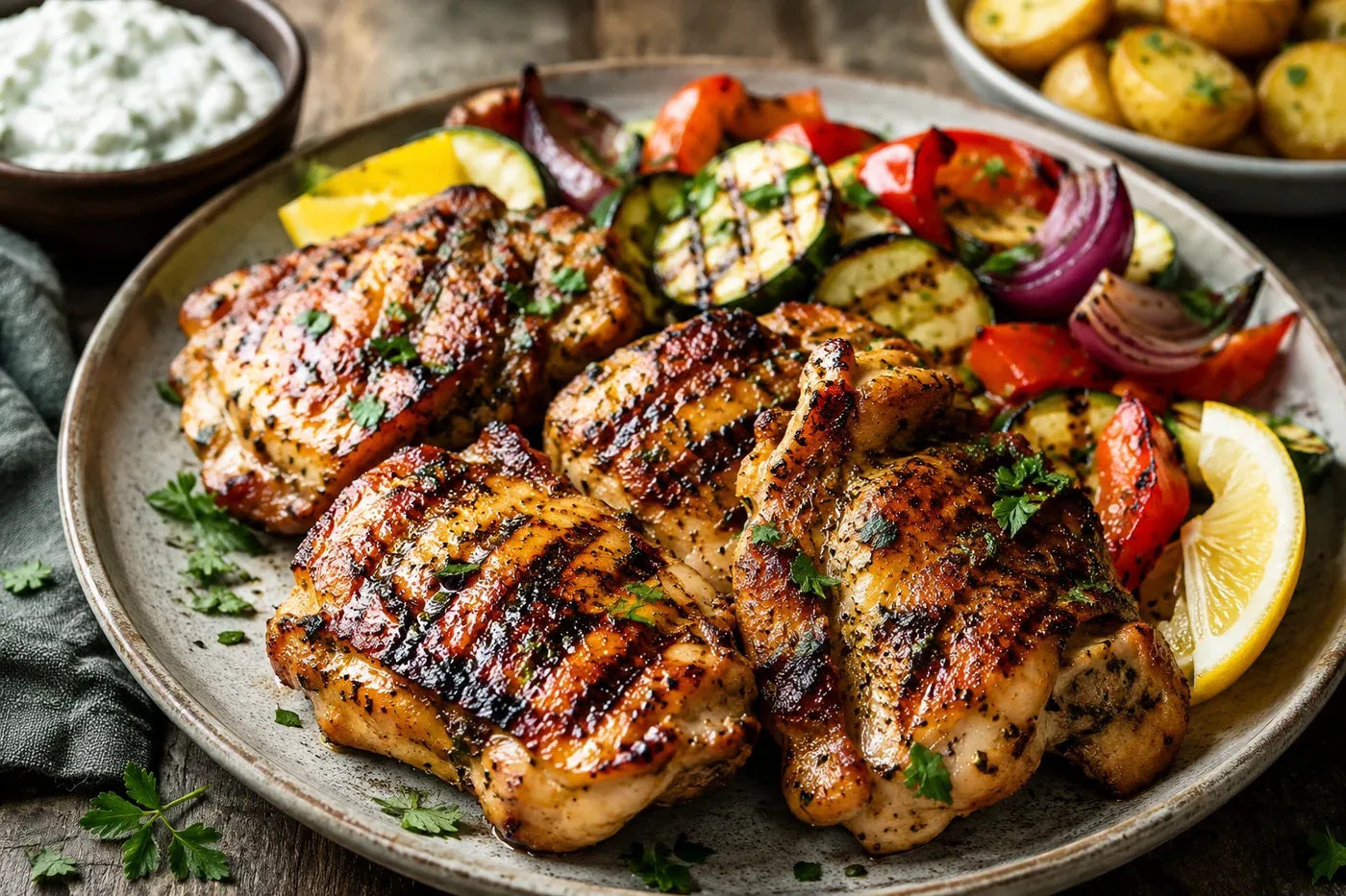 Pollo turco al horno con yogur y Turkish Spices, servido con verduras grilladas y limón